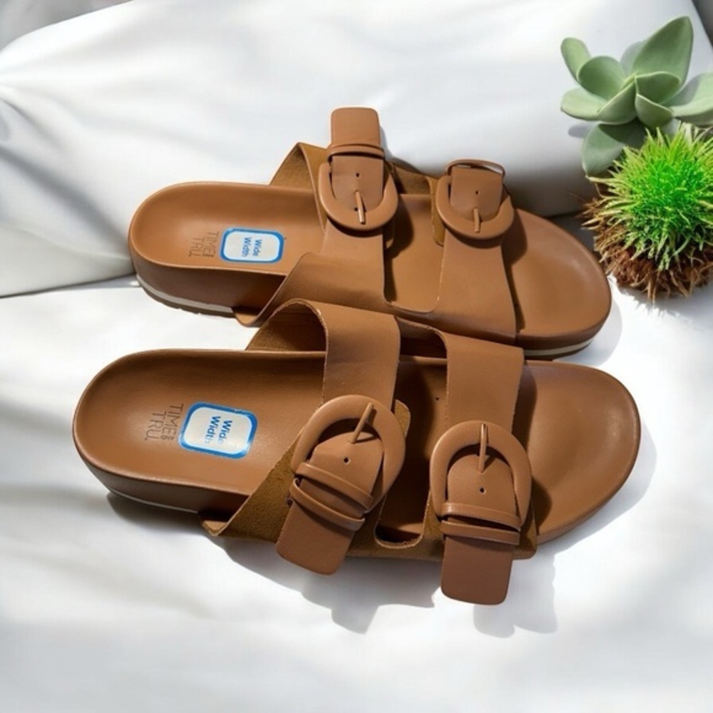 Time and Tru Buckle Slide Sandals Brown 10W Womens NEW